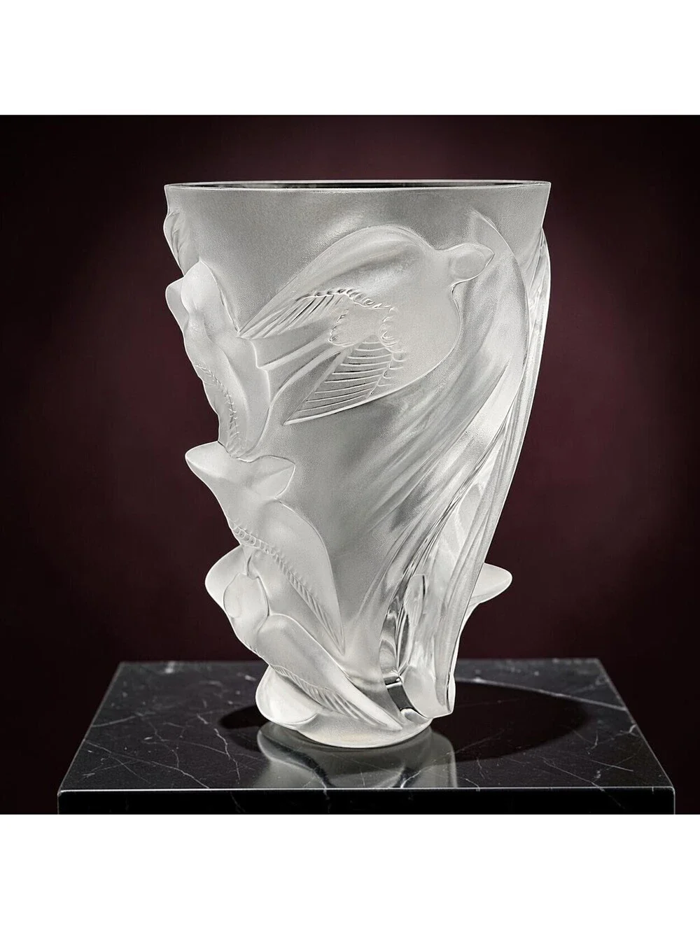 Vintage Large Lalique Martinets Large Frosted Crystal Swallows Vase France - 10
